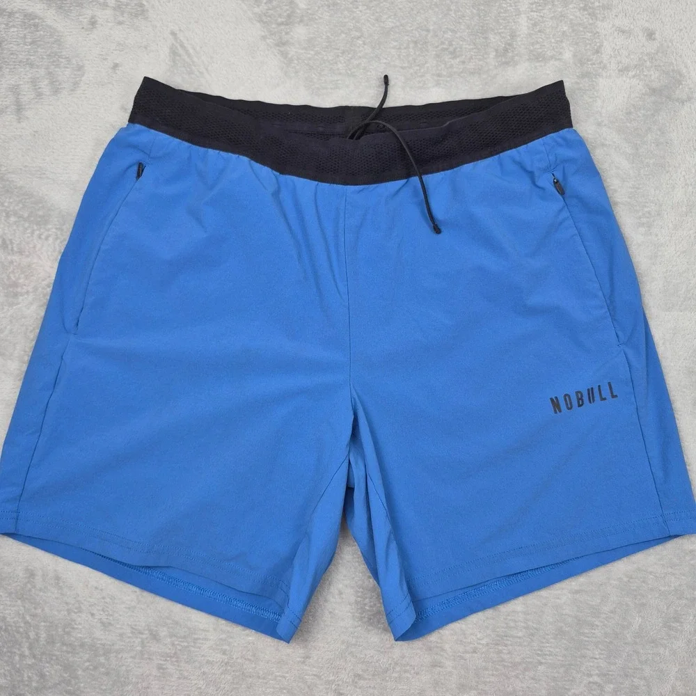 NOBULL Mens L Performance Training Athletic Gym Shorts Blue Black 7in Inseam - Picture 2 of 9